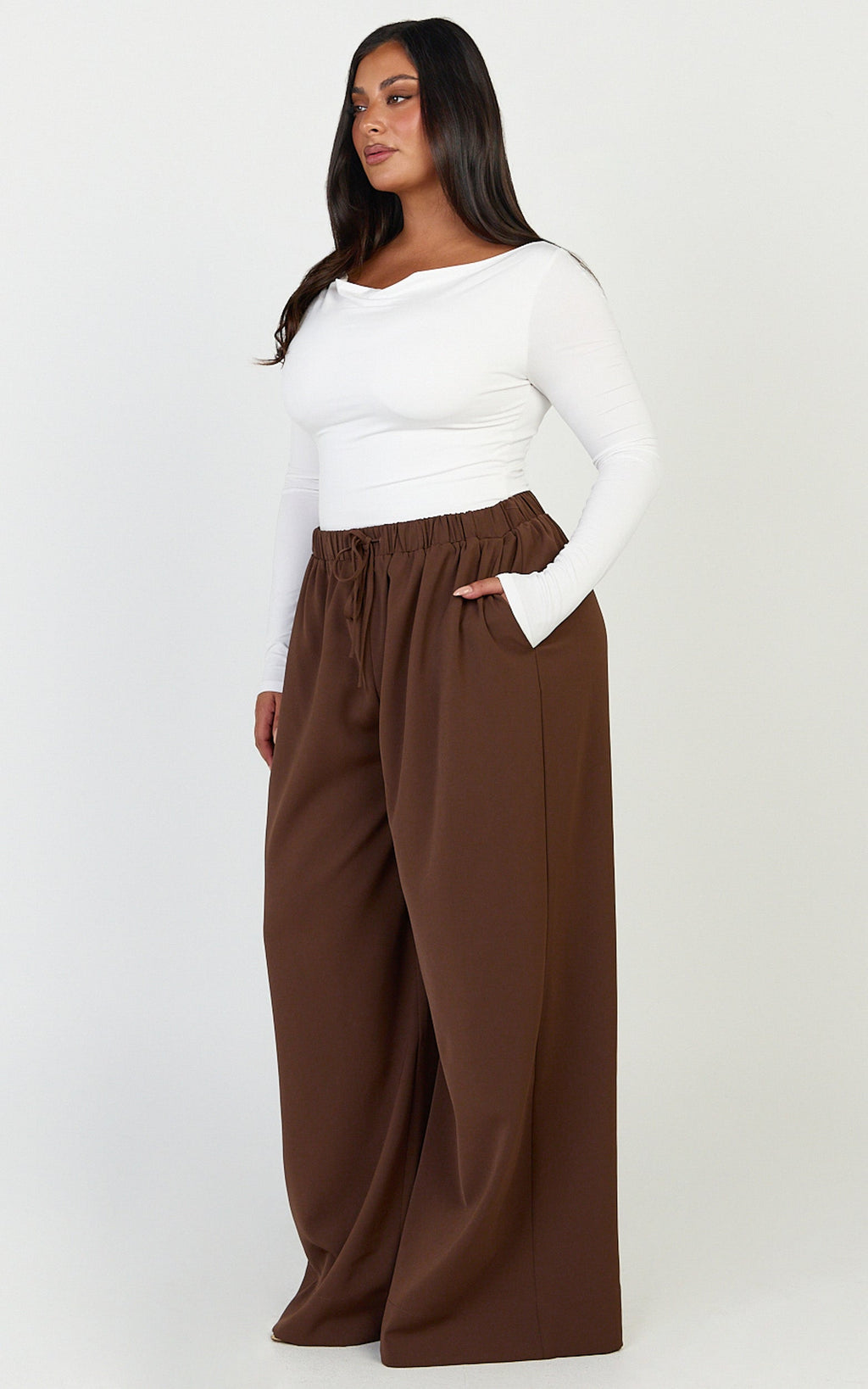 Nicole Pants - High Waist Elasticated Gathered Waist Wide Leg Pants in Mocha