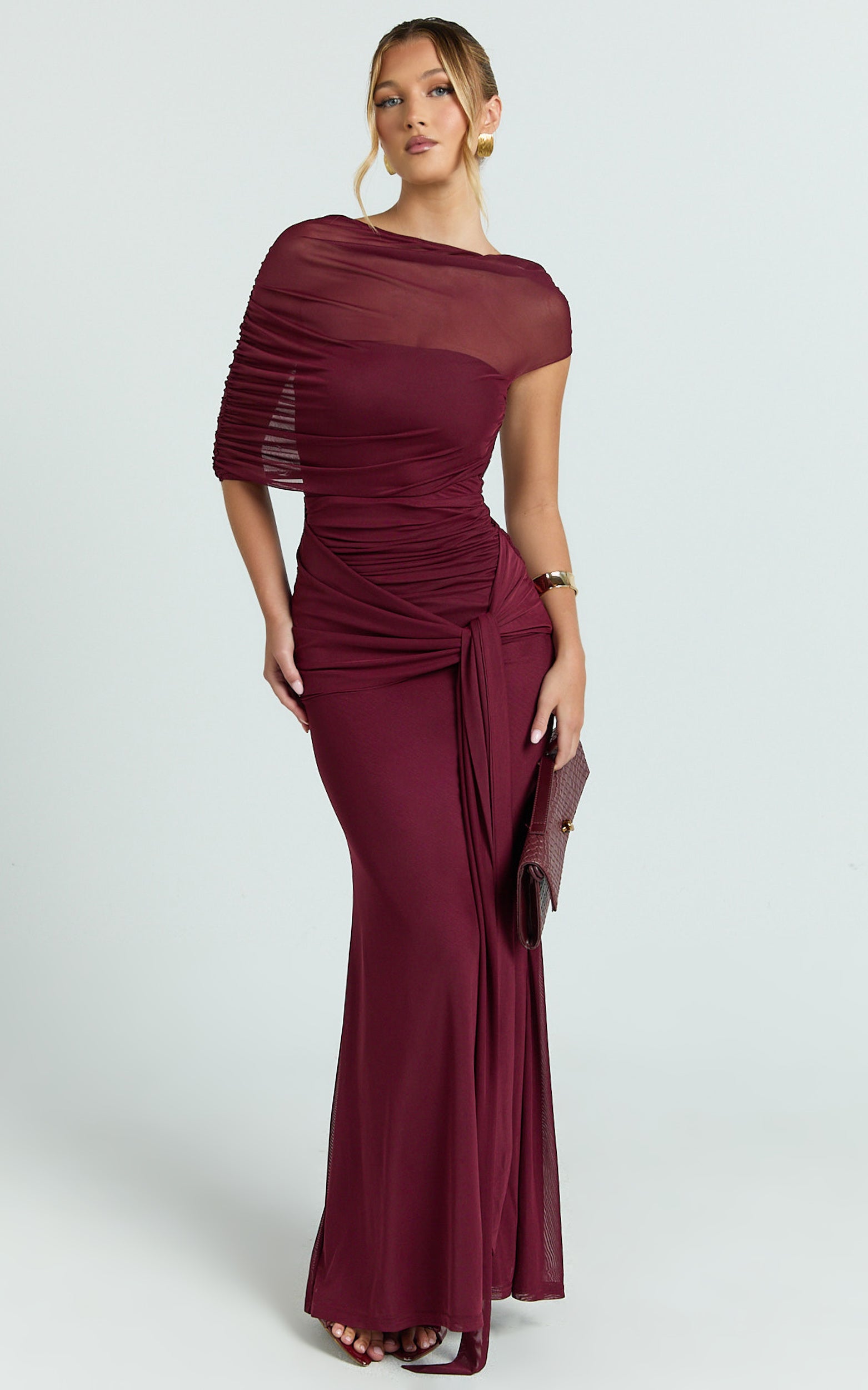 Nicolette Maxi Dress - Cape Sleeve Off Shoulder Dress in Wine
