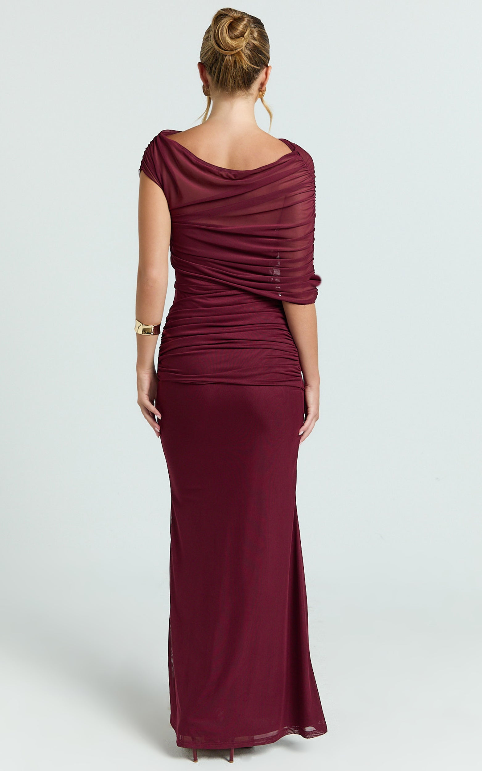 Nicolette Maxi Dress - Cape Sleeve Off Shoulder Dress in Wine