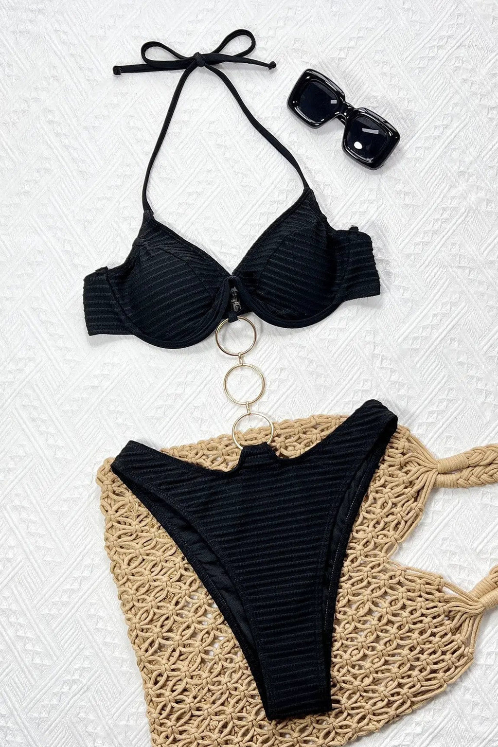 Sexy Black Wired Push-Up Gold O-rings Monokini 1Pc Swimsuit