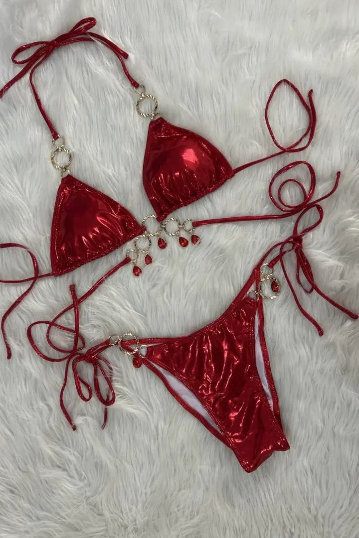 Red Metallic Strappy Dangling Rhinestone Ruched Back Sexy 2Pc Swimsuit Bikini