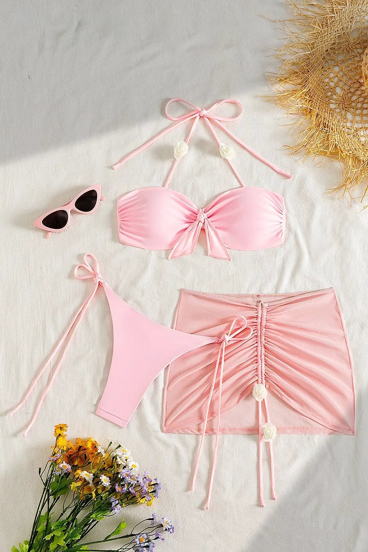 Pink Delicate Rose Draw String Cheeky Mesh Cover-Up Sexy 3Pc Swimsuit Set