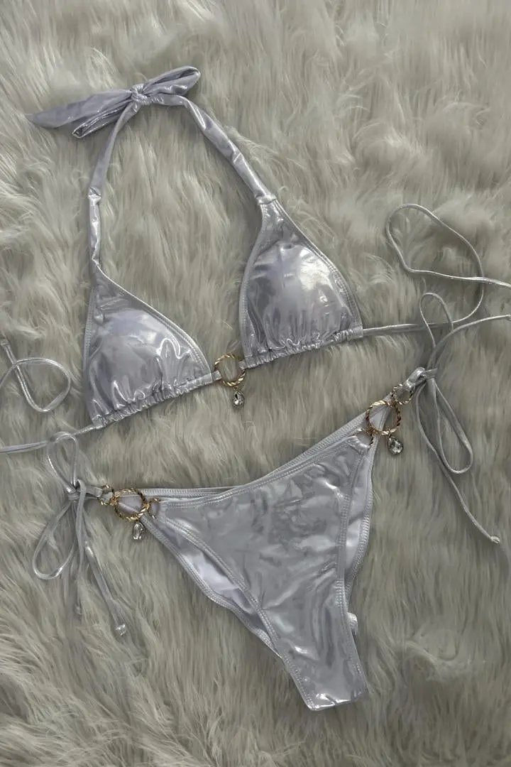 Silver Metallic O-Ring Rhinestone Ruched Back Sexy 2Pc Swimsuit Bikini
