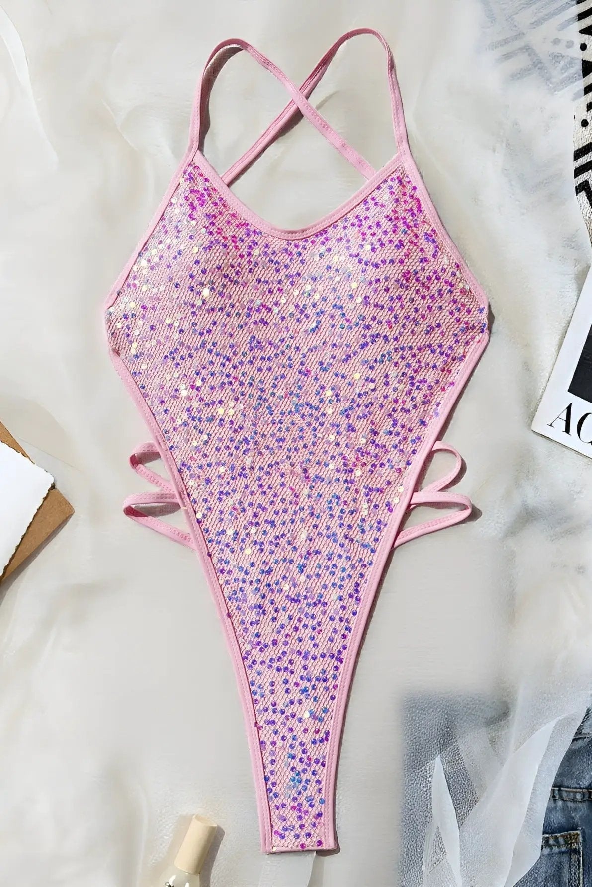 Light Pink Sequin Sparkly Strappy Thong Monokini Cover-Up 2Pc Swimsuit