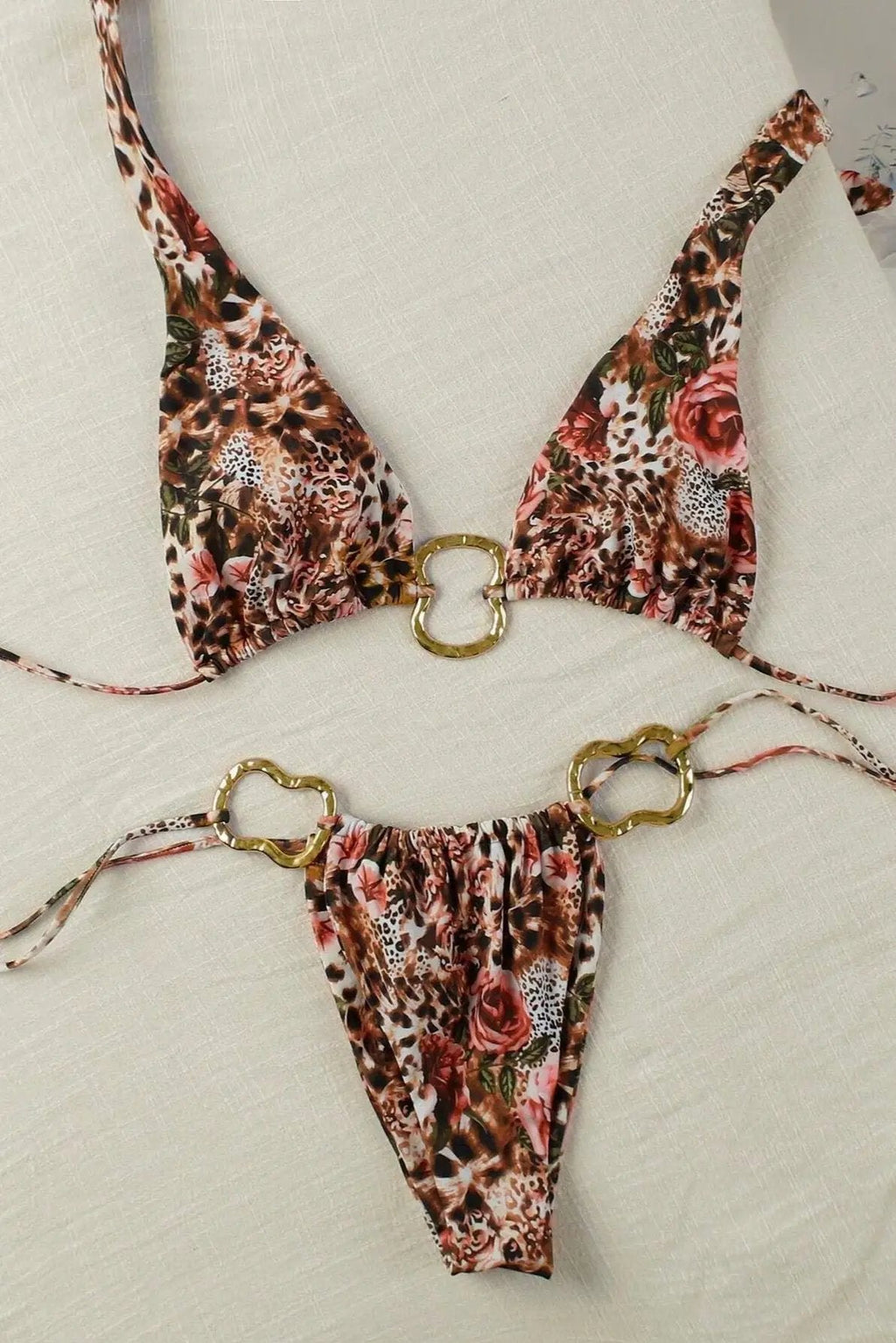 Leopard Rose Gold Decor Ruched Sexy 2Pc Swimsuit Set