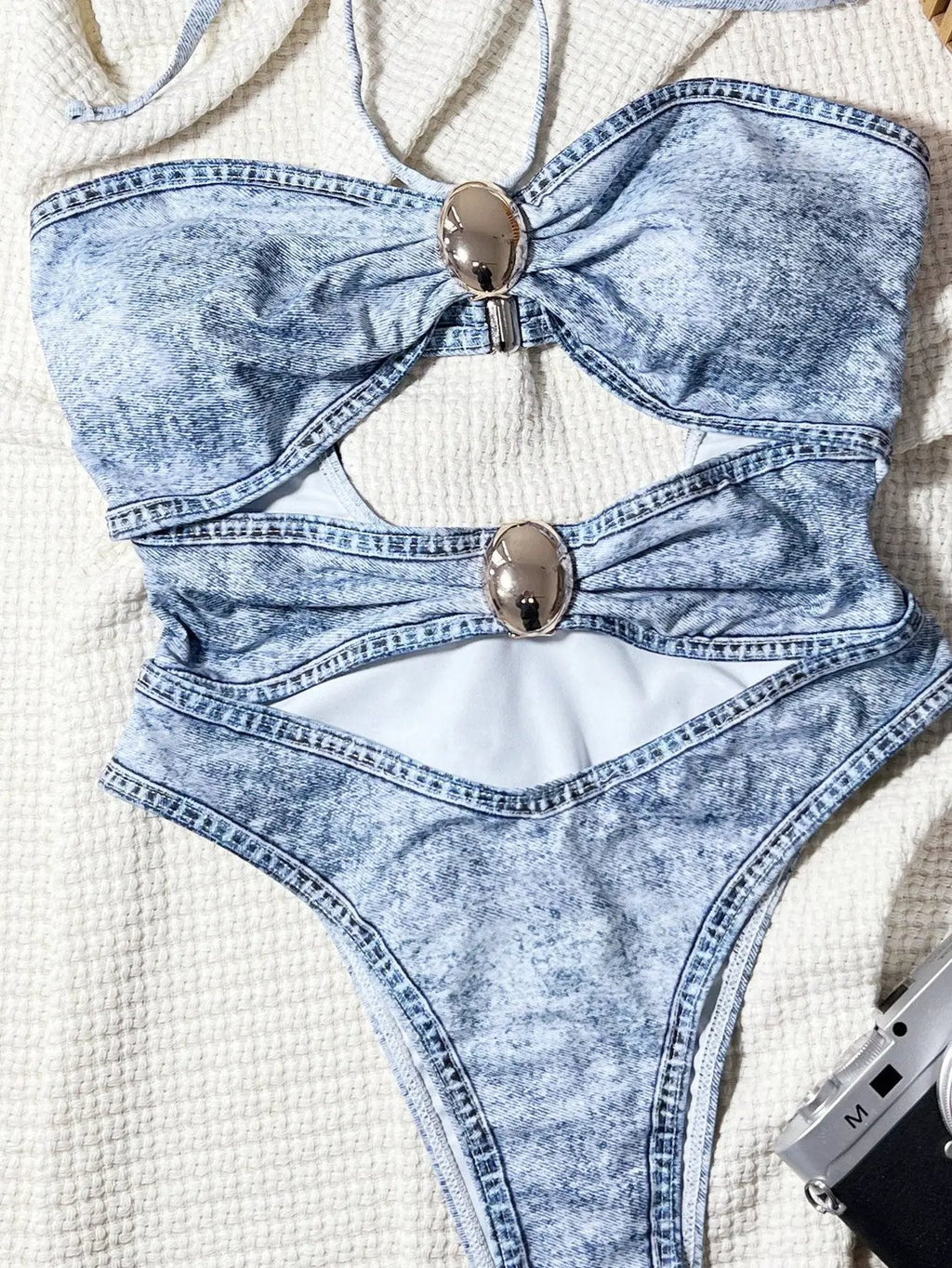 Blue Denim Print Cut-Out Gold Decor Cheeky Sexy Monokini 1Pc Swimsuit