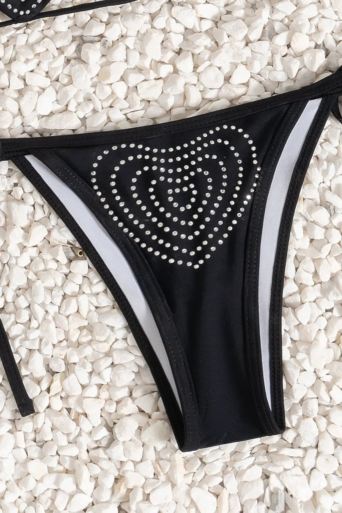 Black Silver Studded Heart Top Sexy 2Pc Swimsuit Set Bikini