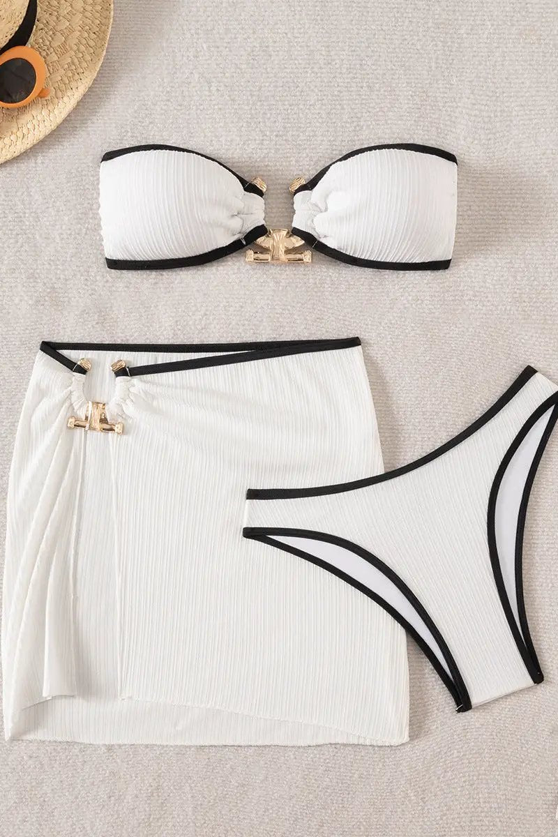 White Bandeau Black Piping Gold Decor Cover-Up Sexy 3Pc Swimsuit Set
