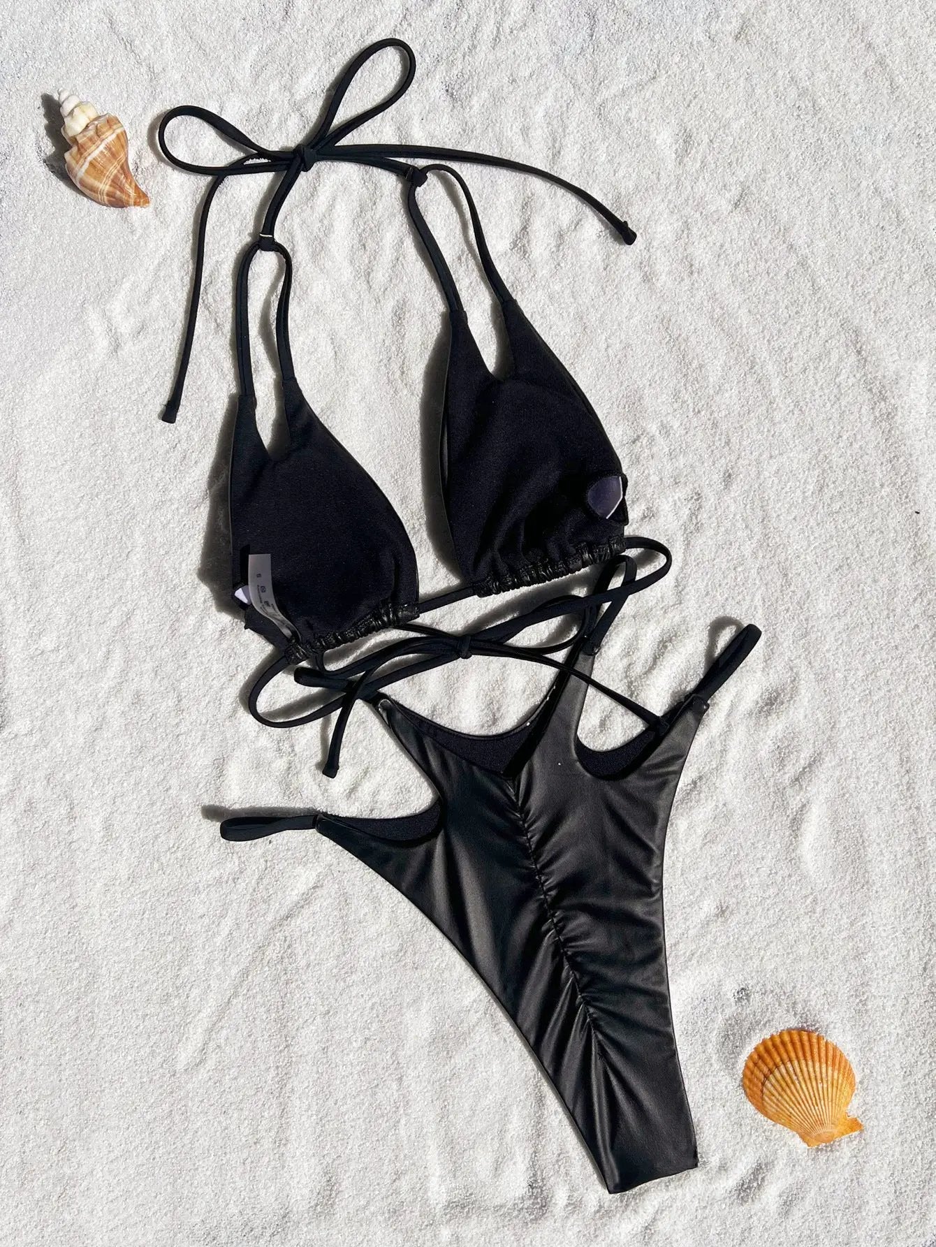 Black Wet Look Strappy Tiny Triangle Ruched Back Sexy 2Pc Swimsuit Set