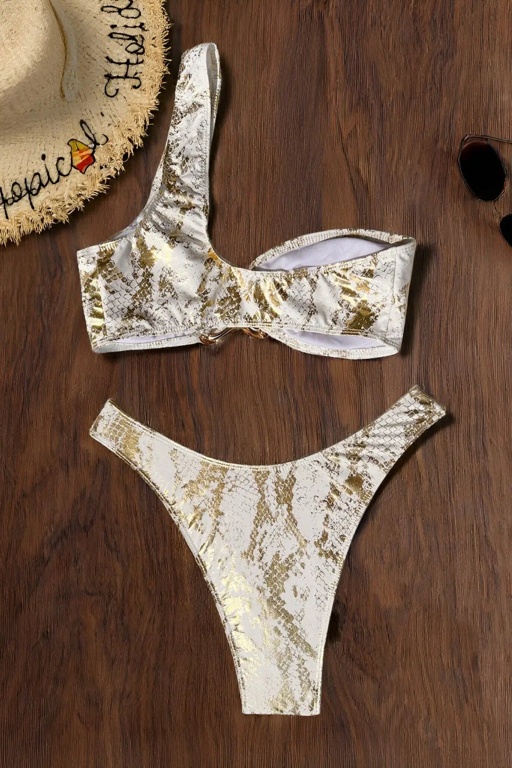 White Gold Snake Print One Shoulder Metal Decor Sexy 2Pc Swimsuit Set