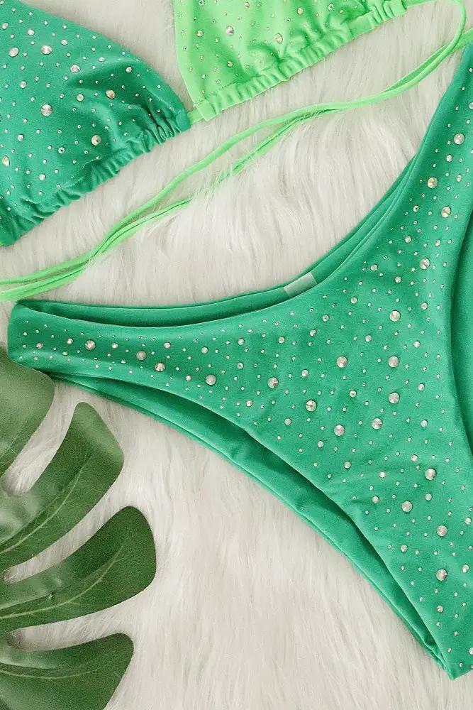 Green Color Block Rhinestone Sparkly Strappy Cheeky Sexy 2Pc Swimsuit Bikini Set