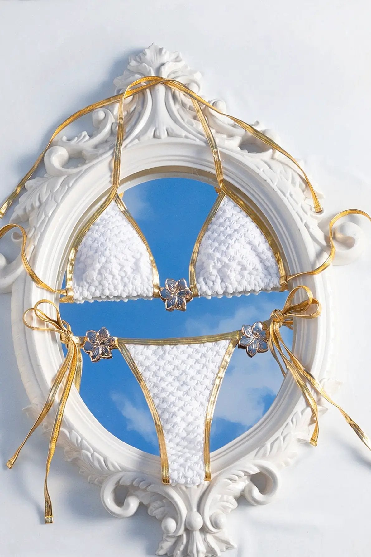 White Gold Flower Trim Triangle Thong Sexy 2Pc Swimsuit Set Bikini