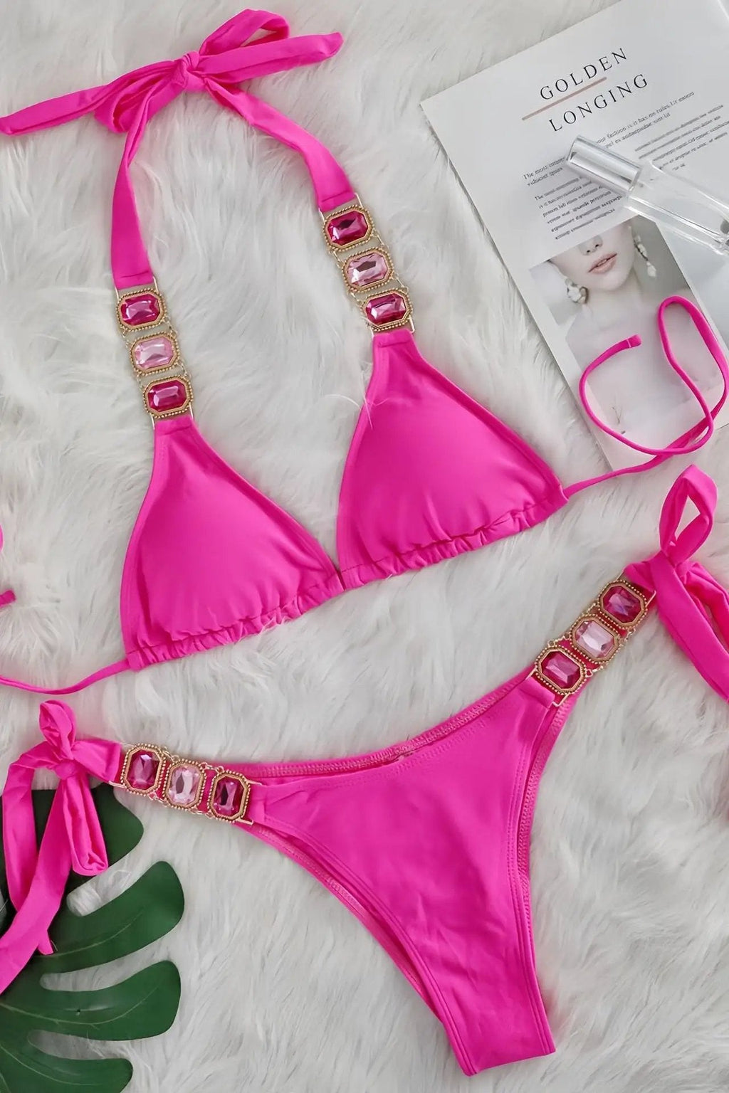 Fuchsia Rhinestone Gem Halter Ruched Back Cheeky Sexy 2Pc Swimsuit Set BIkini