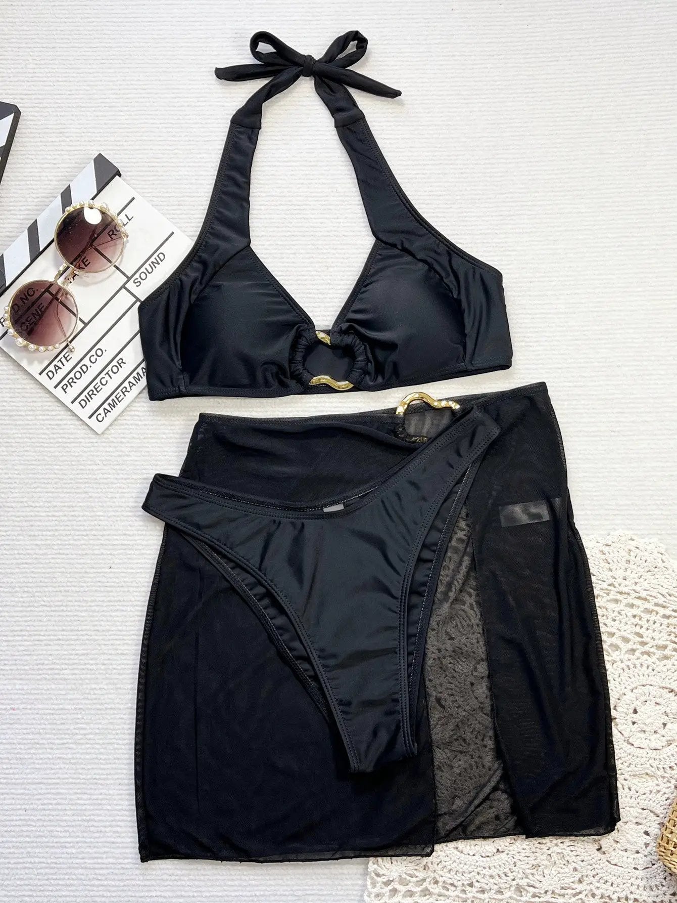 Black Old Decor Halter Padded Mesh Cover-Up Sexy 3Pc Swimsuit Set