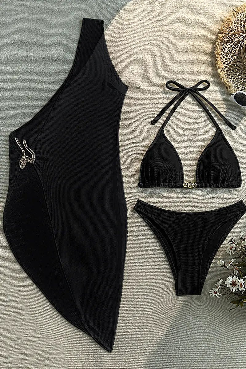 Black Textured Gold Decor Asymmetrical Cover-Up Sexy 3Pc Swimsuit Set