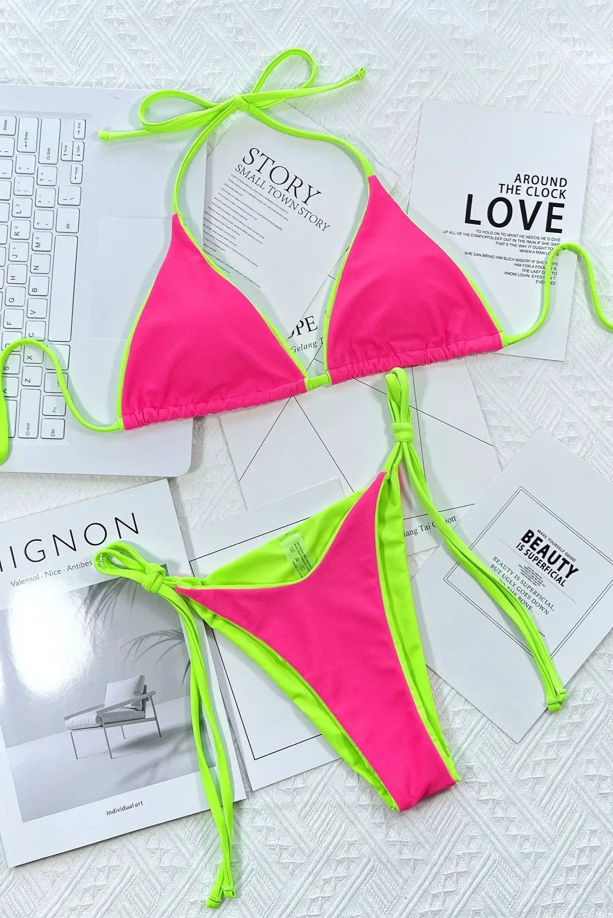 Neon Pink Lime Reversible Cheeky 2Pc Swimsuit Trim Bikini