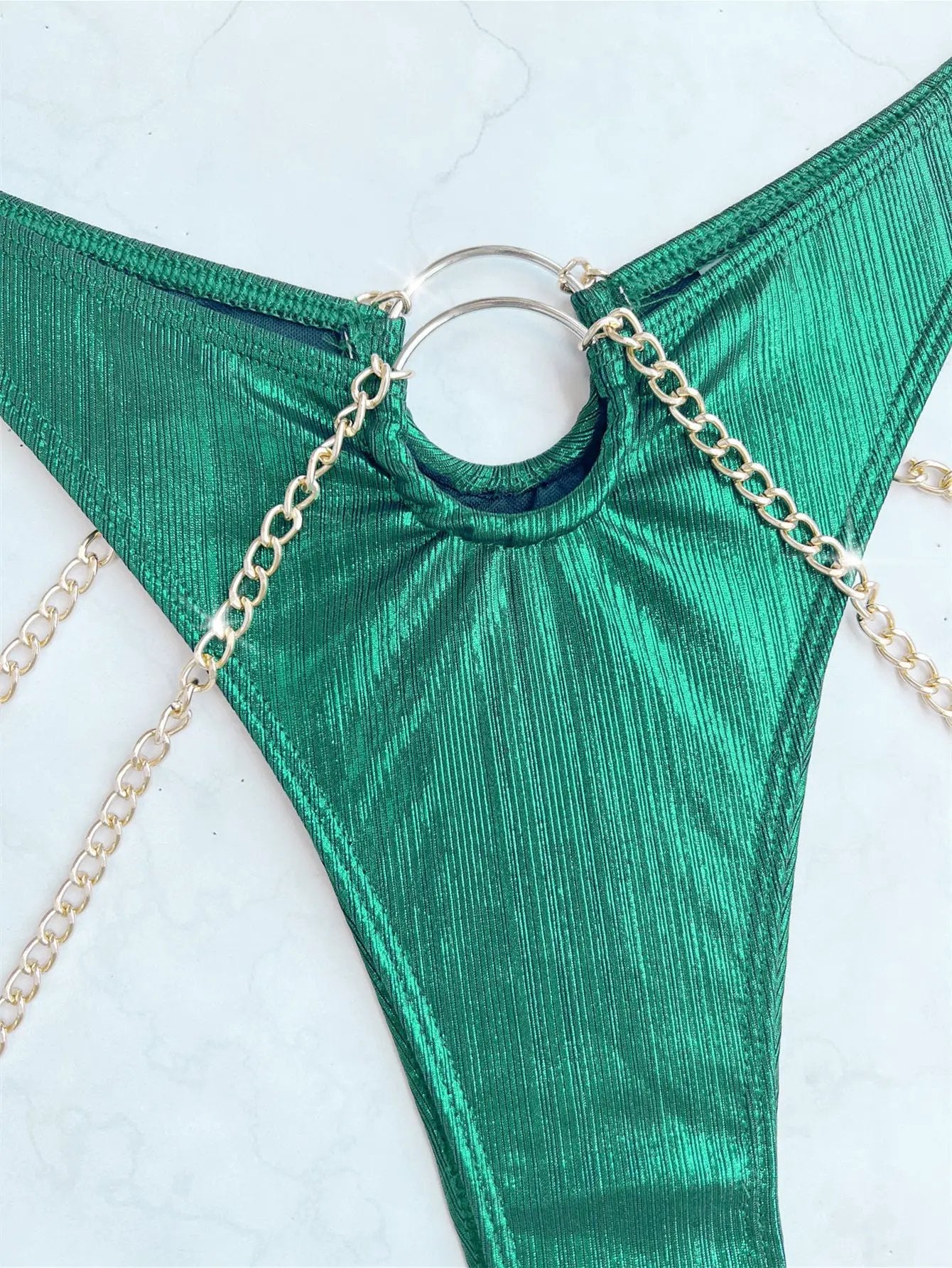Green Shimmer Metallic Gold Chain Bandeau Cheeky Sexy 2Pc Swimsuit Set