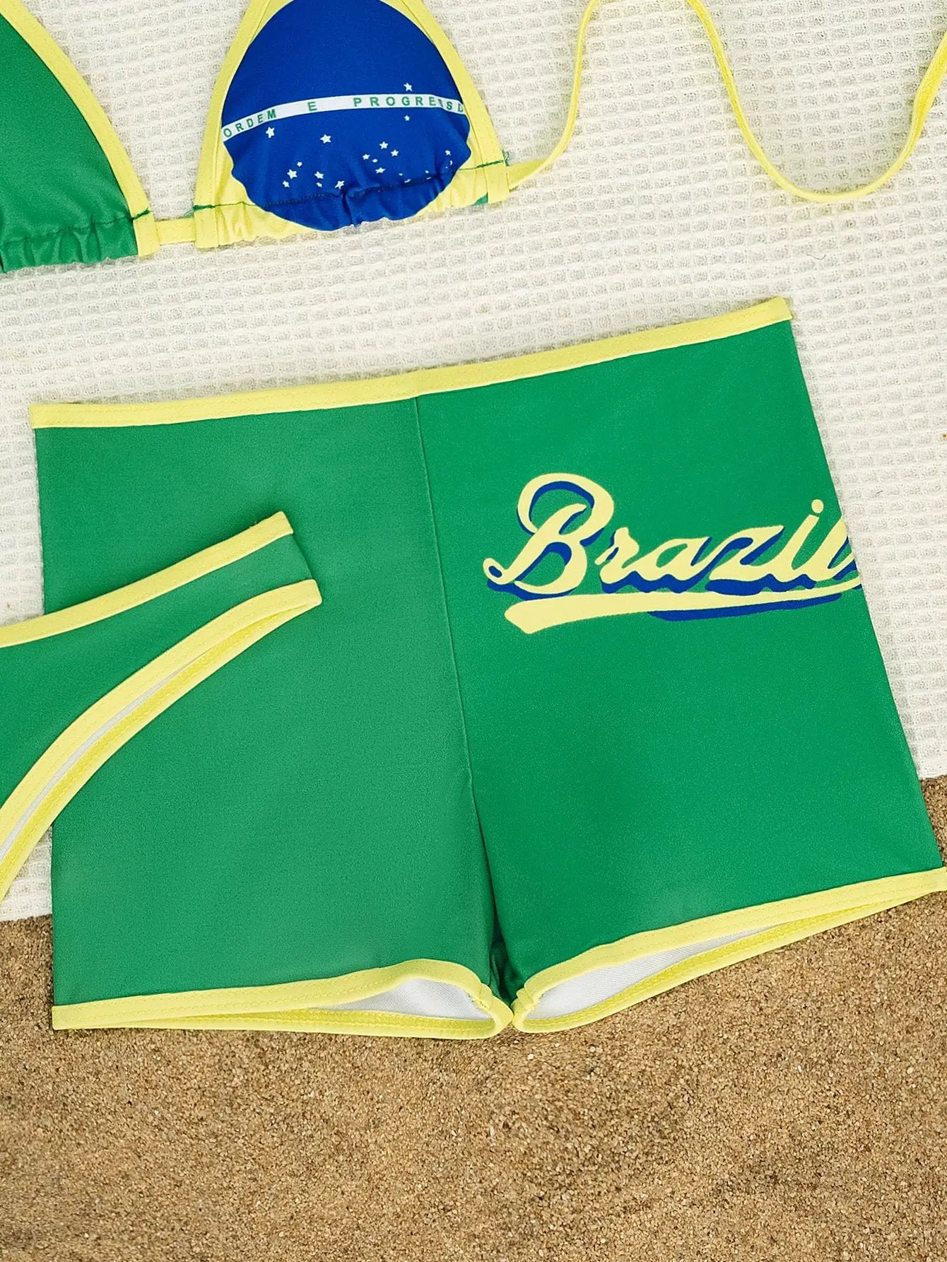 Green Yellow Brazil Triangle Cheeky Boy Shorts Sexy 3Pc Swimsuit Set