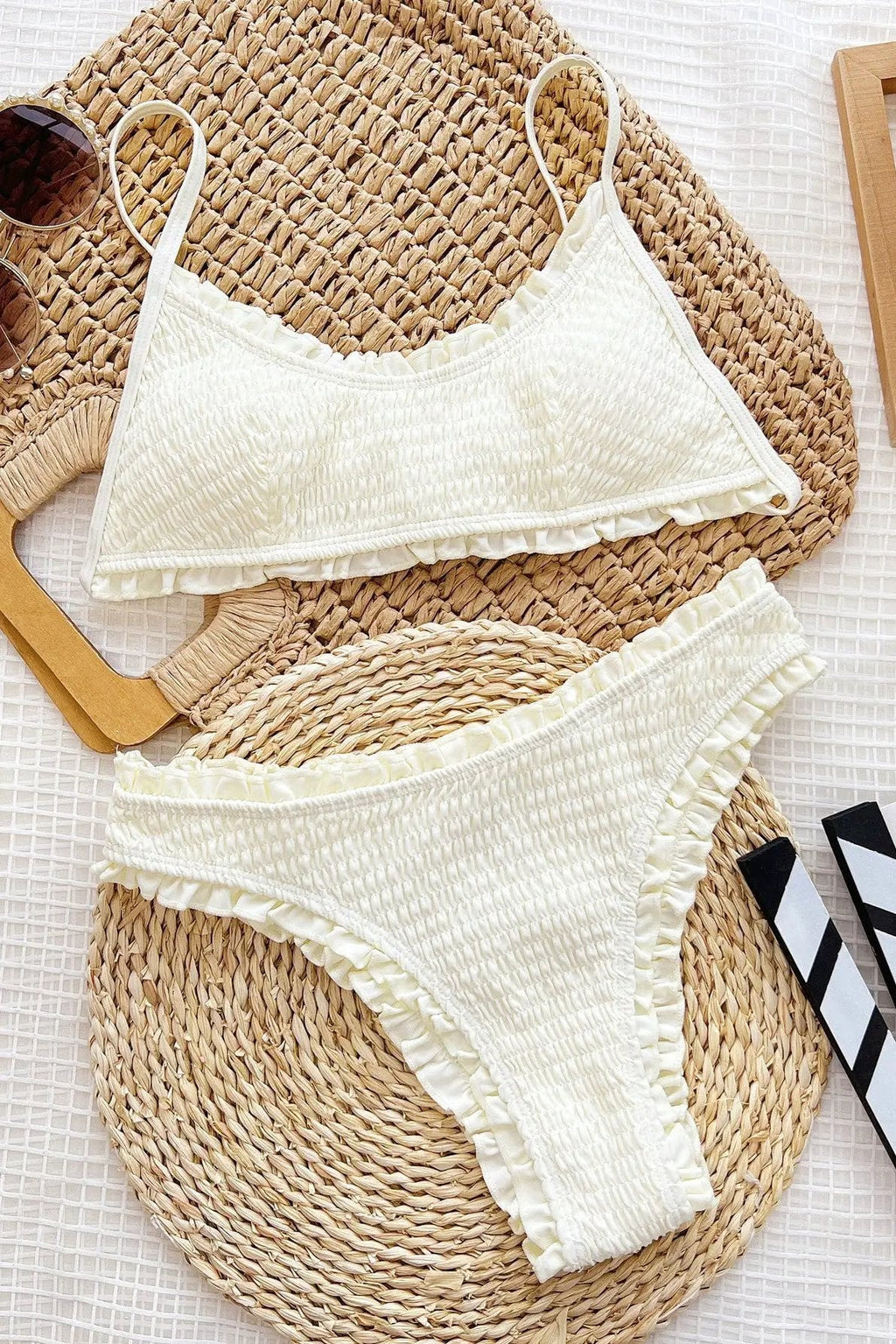 Off White Smocked Strappy High Waisted Contouring Sexy 2Pc Swimsuit Set