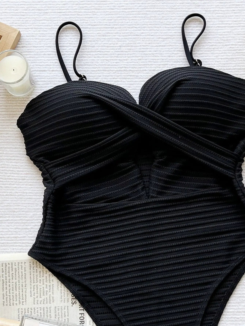 Black Textured Push-Up Padded Cleavage Sexy 1Pc Swimsuit Monokini