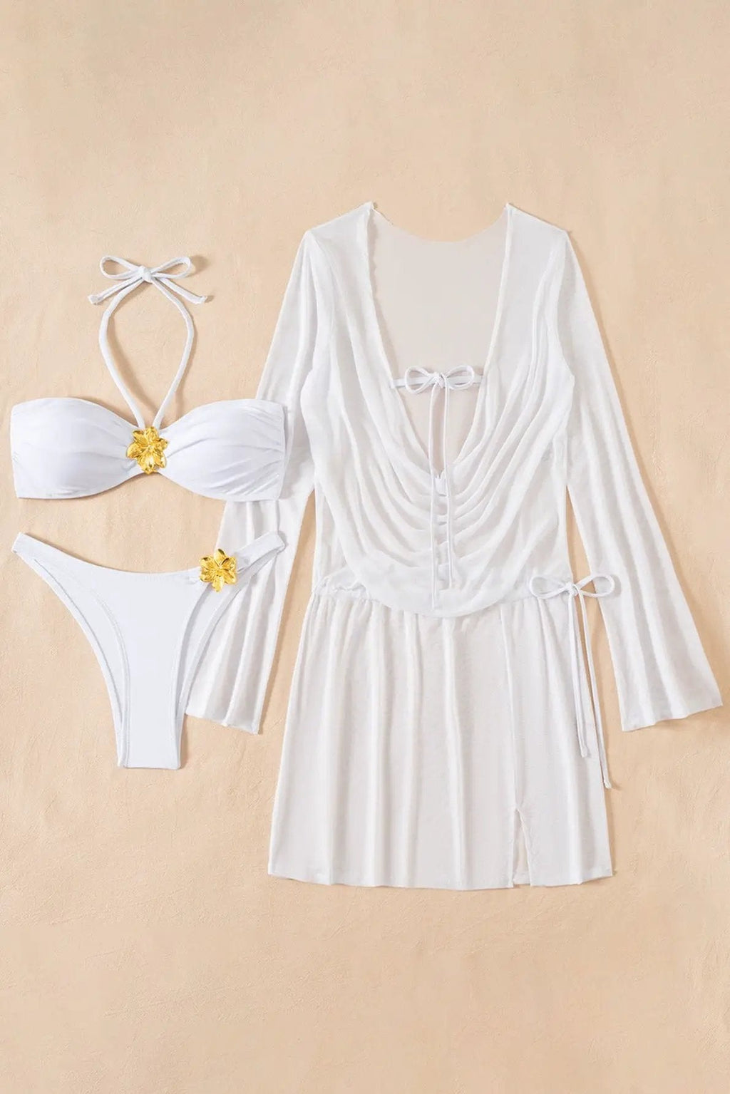 White Metal Flowers Halter Bikini Mesh Cover-Up Dress Sexy 3Pc Swimsuit Set