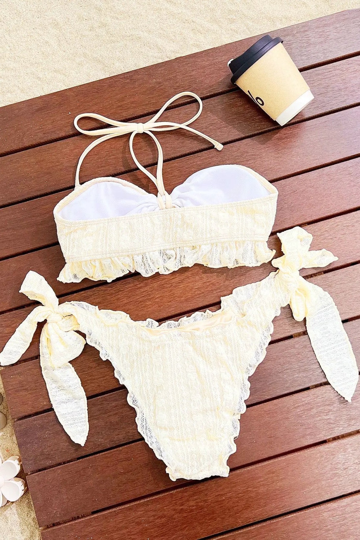 Off White Sexy Ruffle Textured Lace Halter Tie Side 2Pc Swimsuit Set