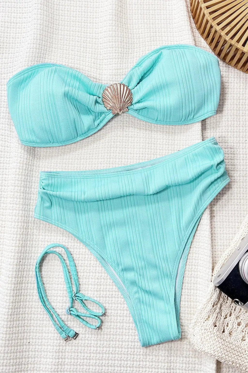 Blue Silver Sea Shell Bandeau High Waist Sexy 2Pc Swimsuit Set
