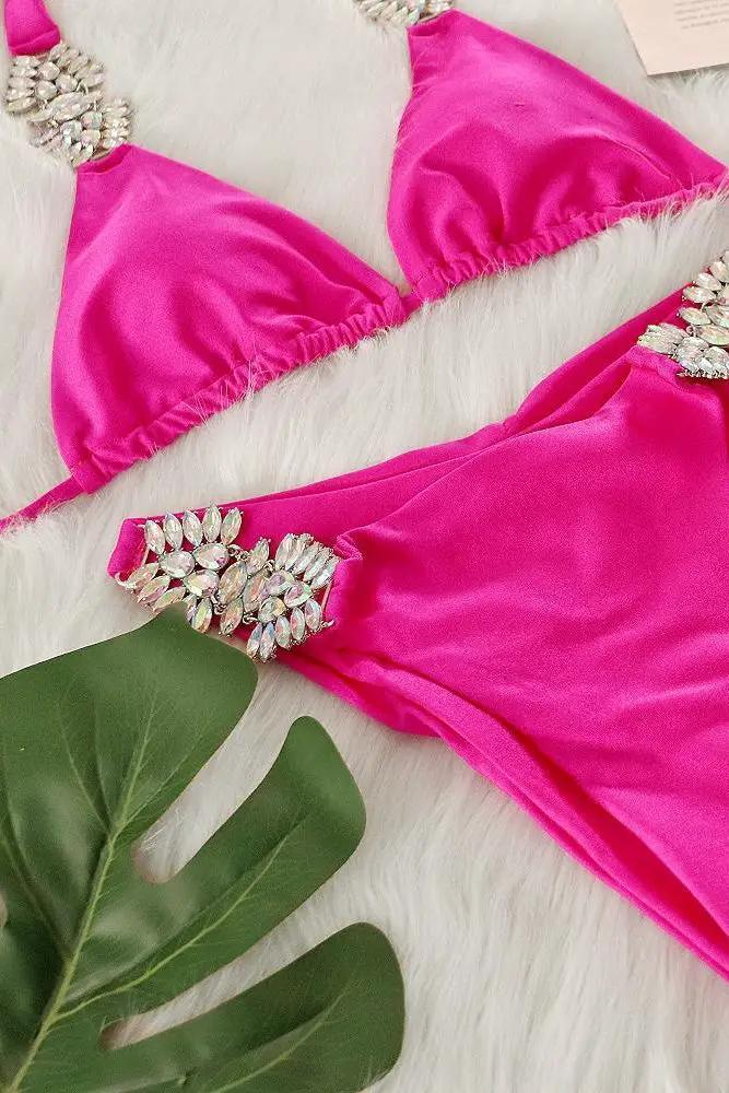 Pink Silky Big Rhinestone Decor Ruched Back Sexy 2Pc Swimsuit Set Bikini
