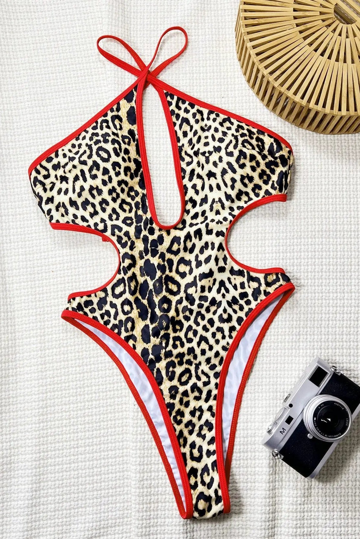 Leopard Print Red Trim Criss-Cross High Cut Sexy Monokini 1Pc Swimsuit