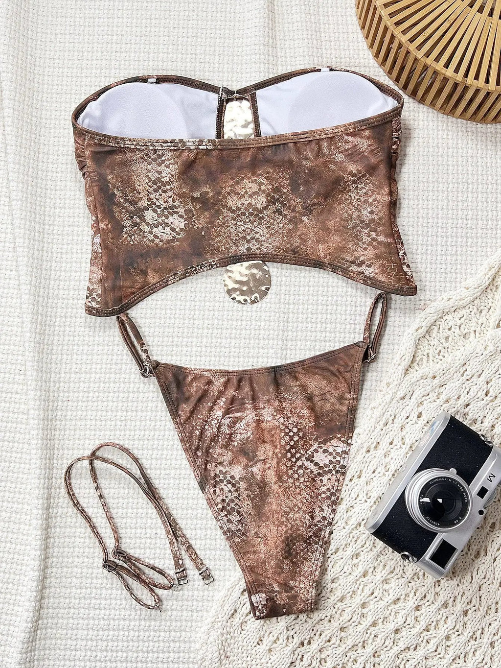Brown Snake Print Metal Decor Strapless Cheeky Sexy 2Pc Swimsuit Set
