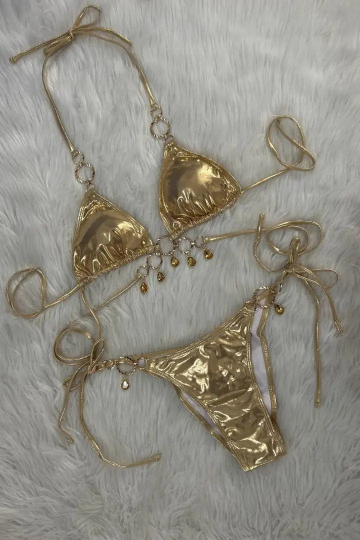 Gold Metallic Strappy Dangling Rhinestone Ruched Back Sexy 2Pc Swimsuit Bikini