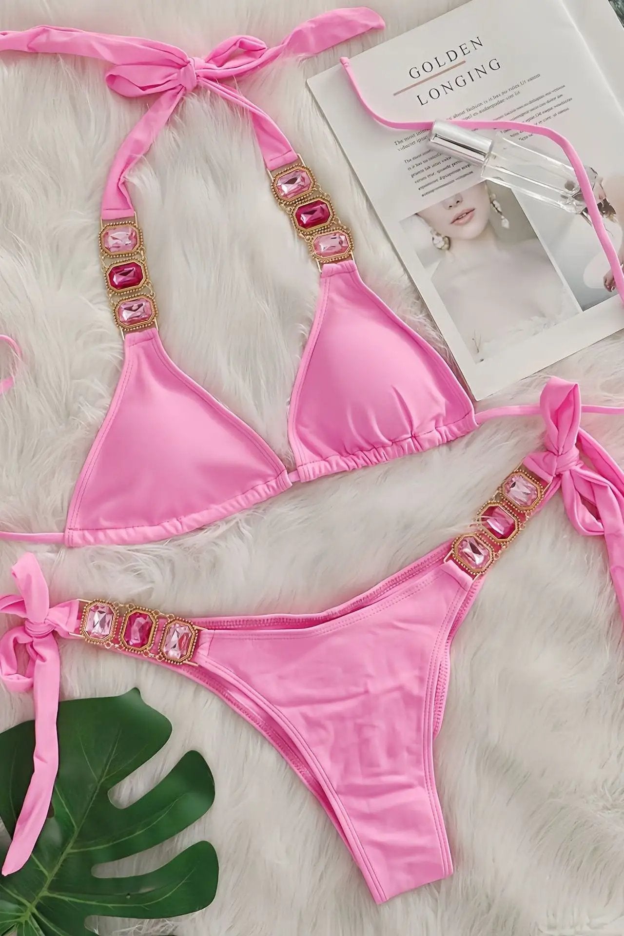 Pink Rhinestone Gem Halter Ruched Back Cheeky Sexy 2Pc Swimsuit Set BIkini