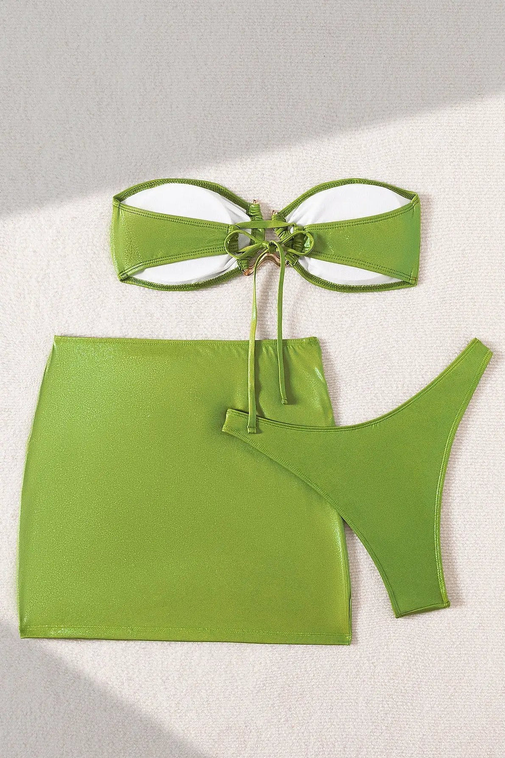 Green Shimmer Gold Metal Decor Bandeau Cheeky Skirt Cover-Up 3Pc Swimsuit Set