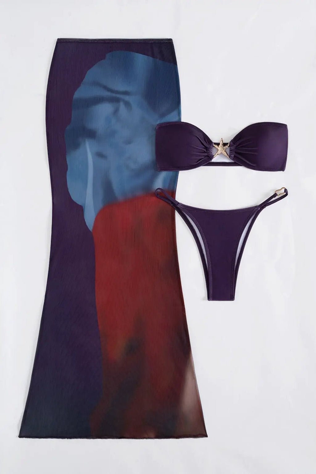 Purple Printed Gold Starfish Bandeau Cheeky Mesh Maxi Cover-Up 3Pc Swim Set