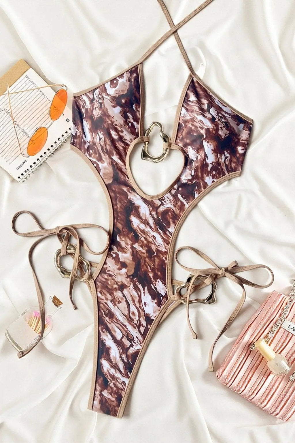 Brown Animal Print Gold Abstract Ring Cheeky Sexy 1Pc Swimsuit Monokini