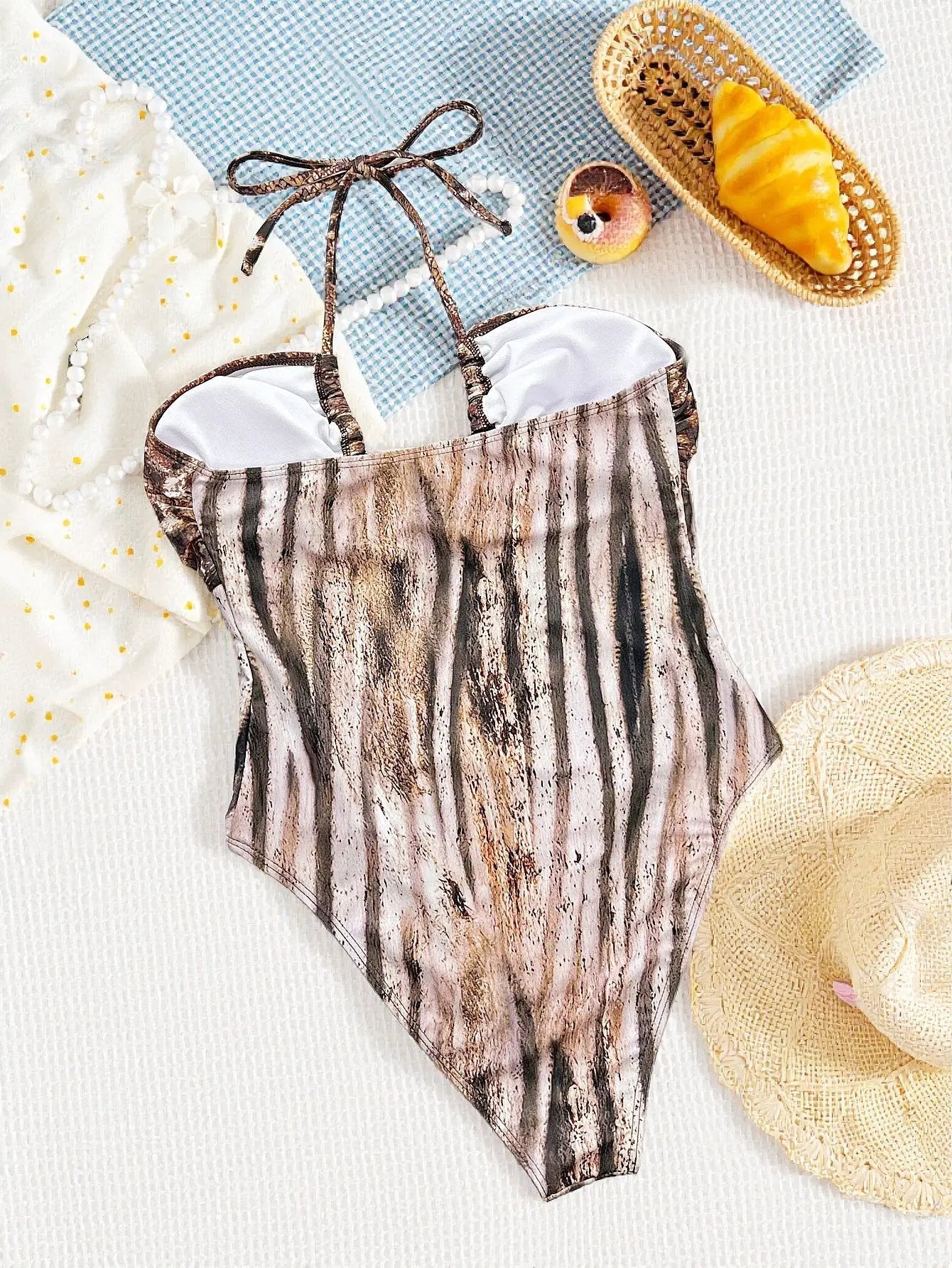 Brown Animal Print Gold Decor Halter Sexy 1Pc Swimsuit Monokini