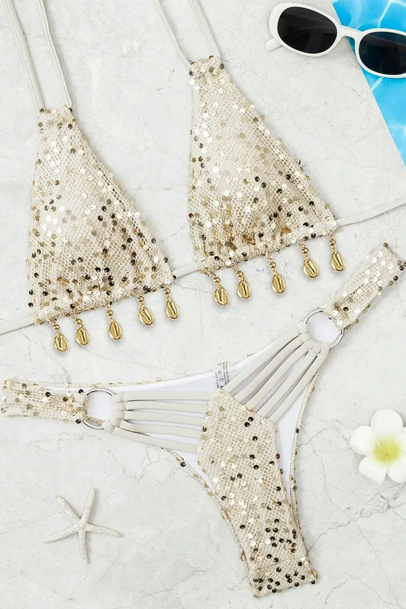 Beige Sequin Strappy Gold Shell Fringe Thong Micro Bikini 2Pc Swimsuit Set