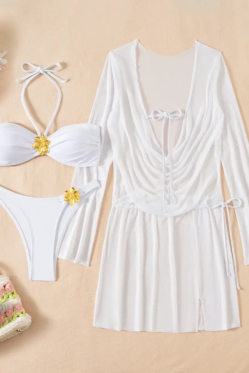 White Metal Flowers Halter Bikini Mesh Cover-Up Dress Sexy 3Pc Swimsuit Set