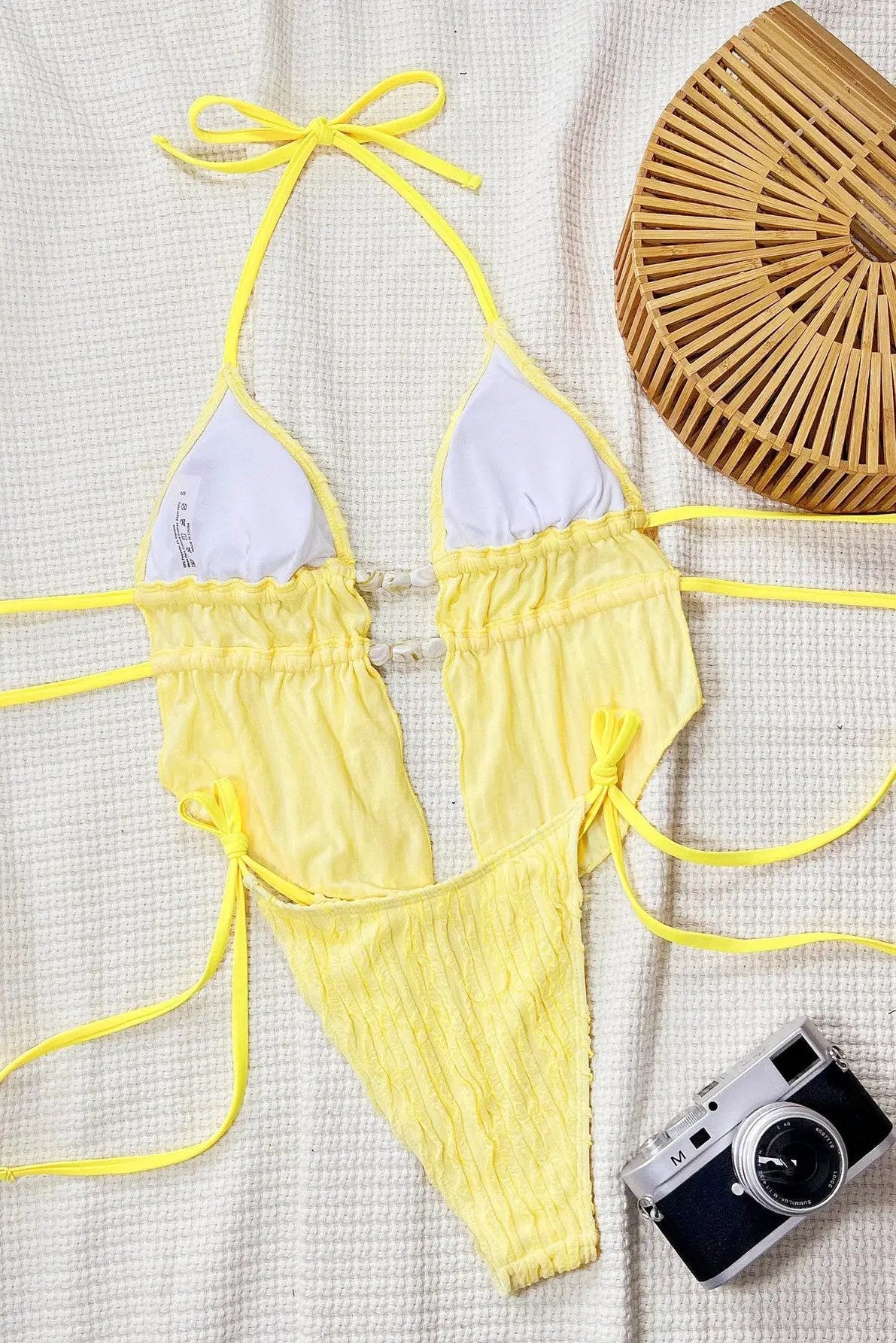 Yellow Textured Fabric White Natural Stones Decor Sexy 2Pc Swimsuit