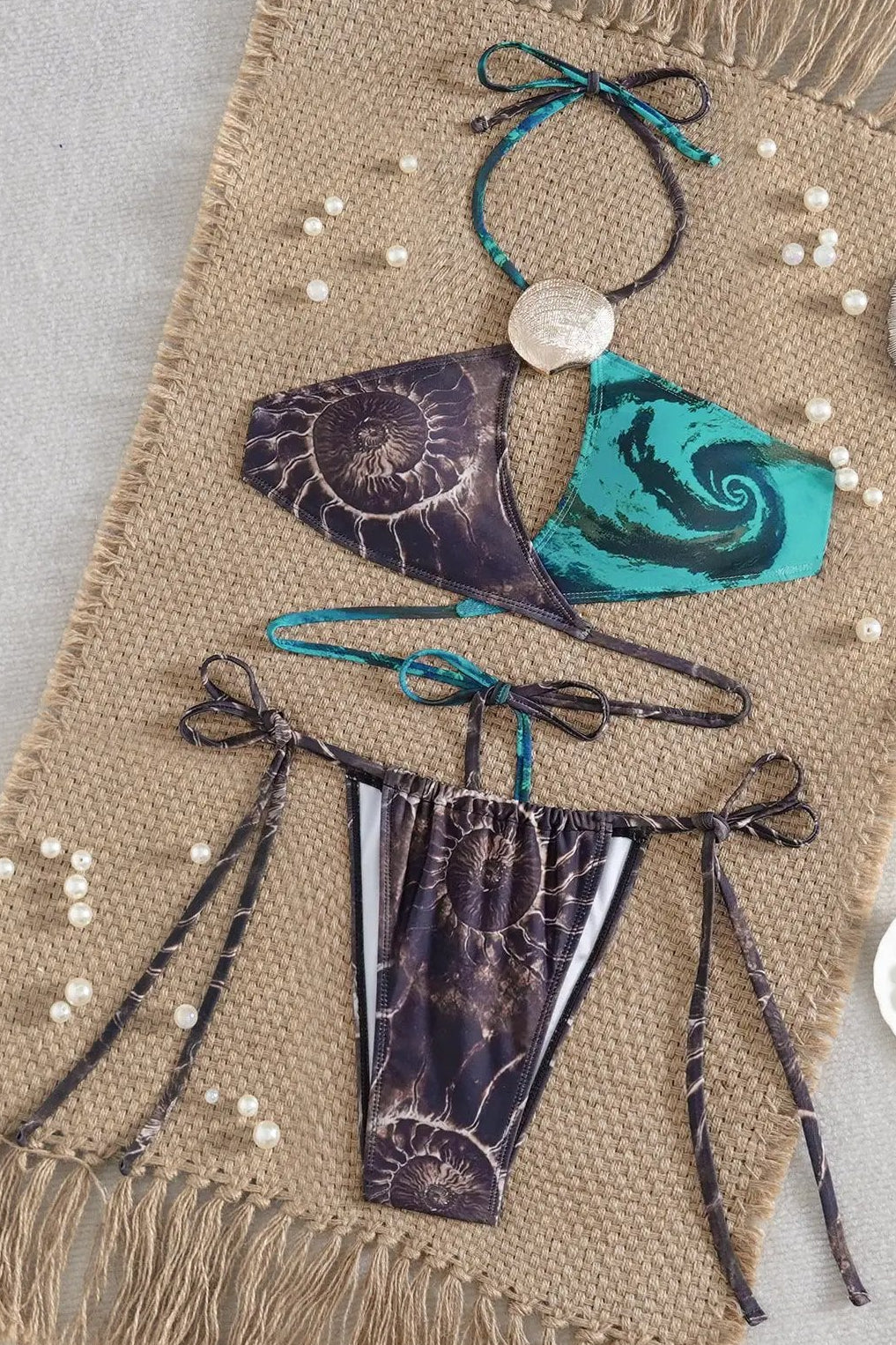 Grey Turquoise Sea Shell Print Gold Metal Decor Halter Wrap Cheeky Sexy 2Pc Bikini Swimsuit Set