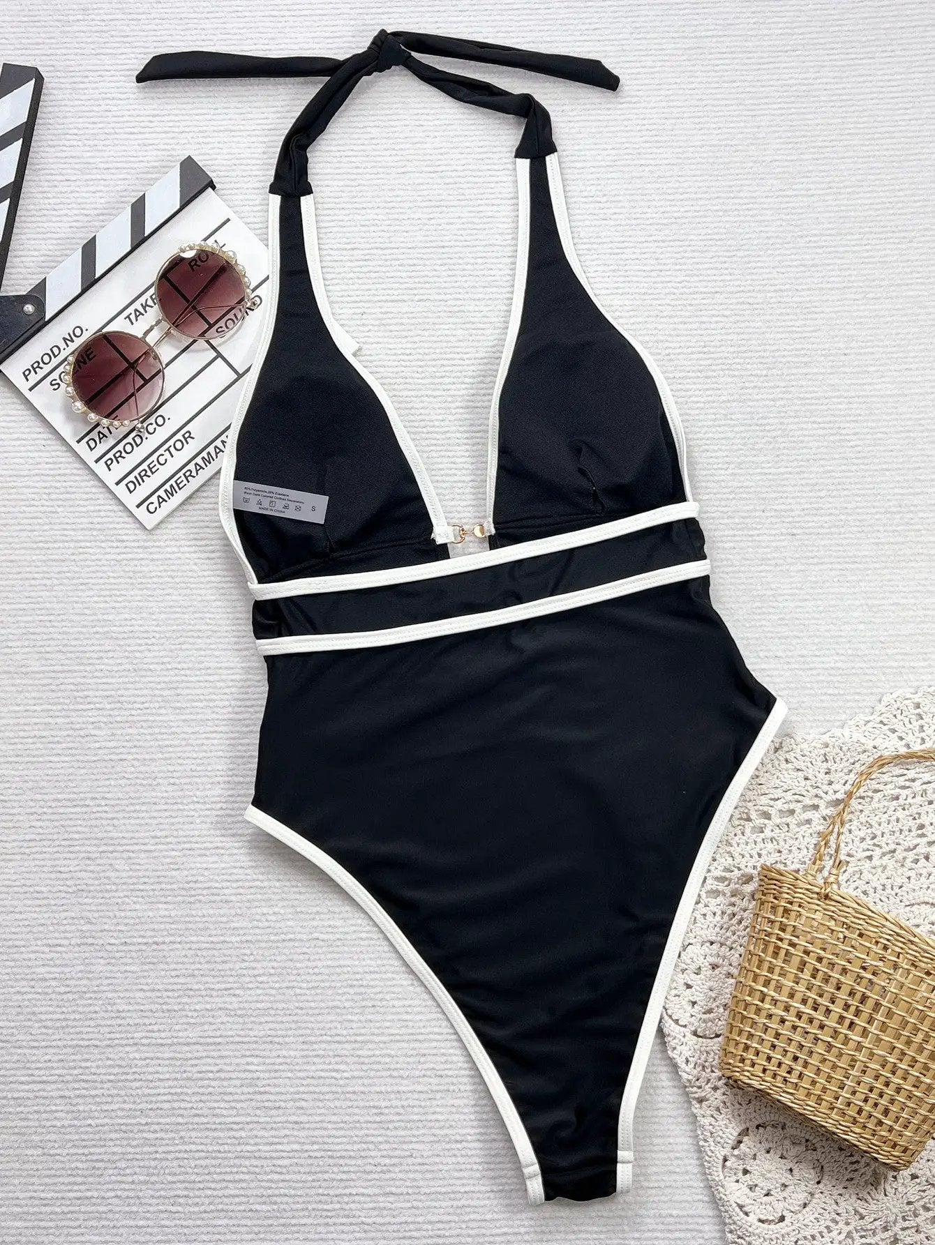 Black White Trim Halter Pearl Decor Plunging-V Sexy 1Pc Swimsuit Monokini