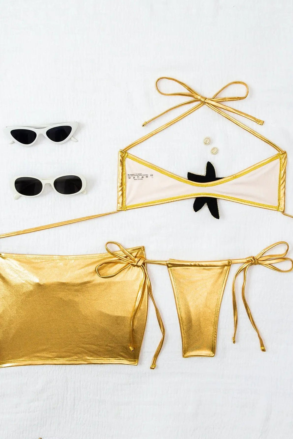 Gold Metallic Rhinestone Starfish Cheeky Cover-Up Sexy 3Pc Swimsuit Set