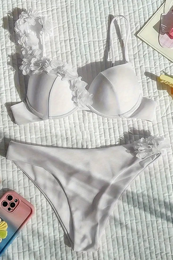 White Flowers Asymmetric Push-Up Cheeky Sexy 2Pc Swimsuit Set