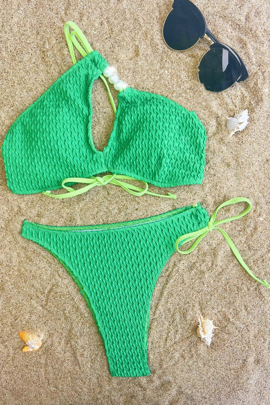 Green Textured Pearl One Shoulder Cheeky Sexy 2Pc Swimsuit Set