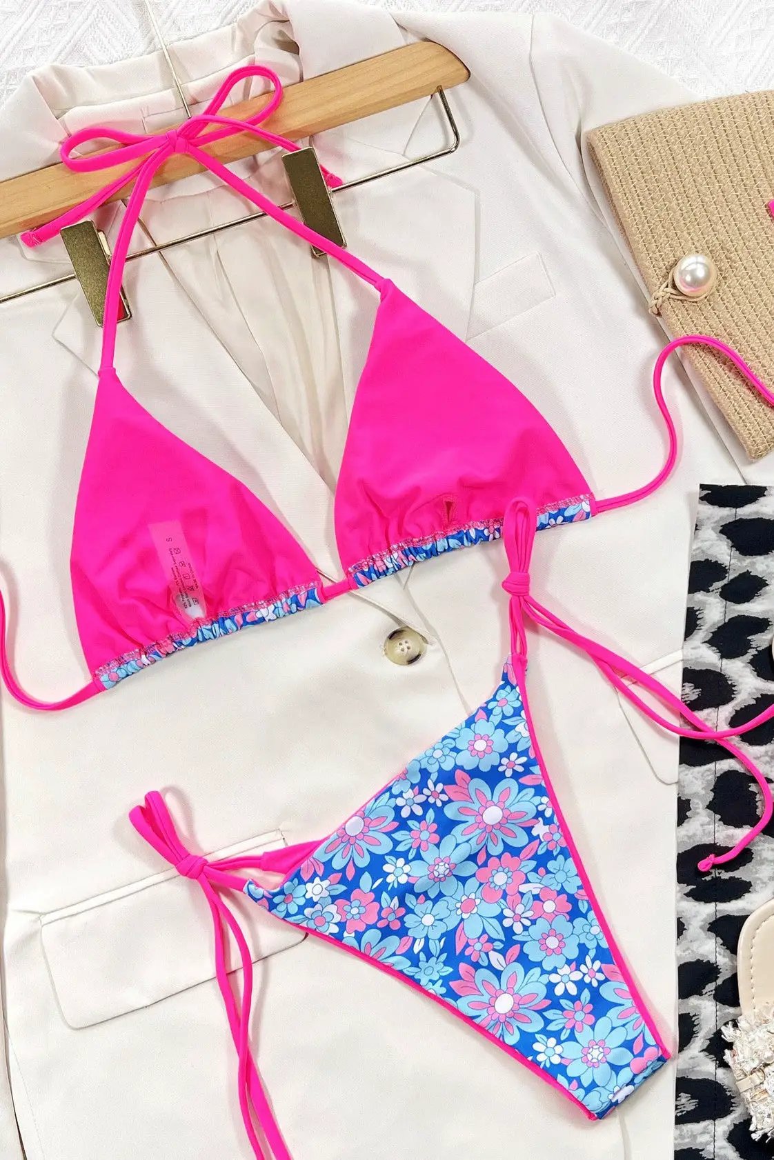 Blue Floral Print Neon Pink Trim Sexy 2pc Cheeky Bikini Swimsuit Set