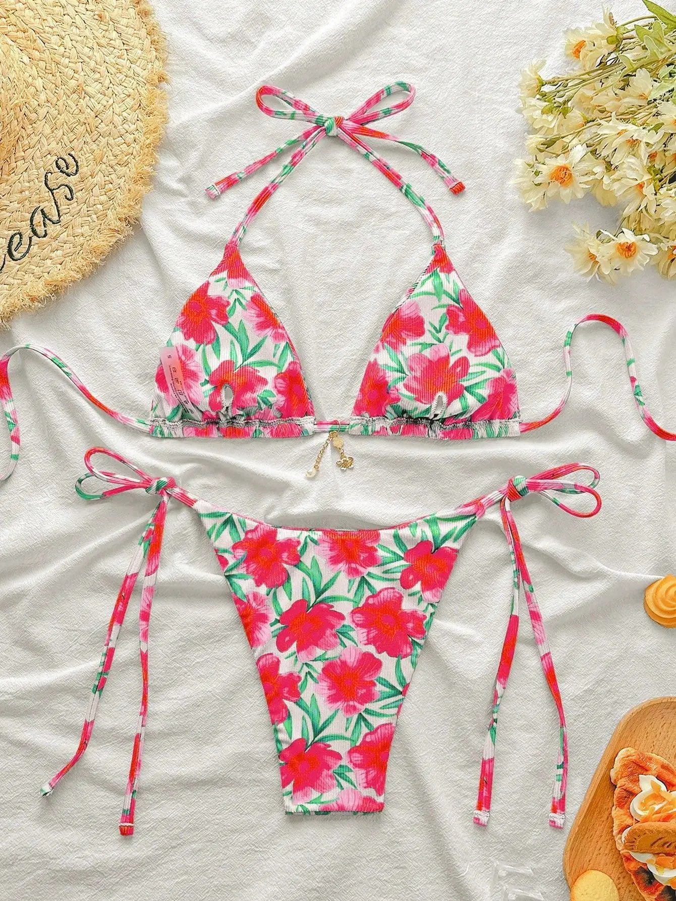 Hot Pink Floral Print Ribbed Flower Charm Sexy 2Pc Swimsuit Set Bikini