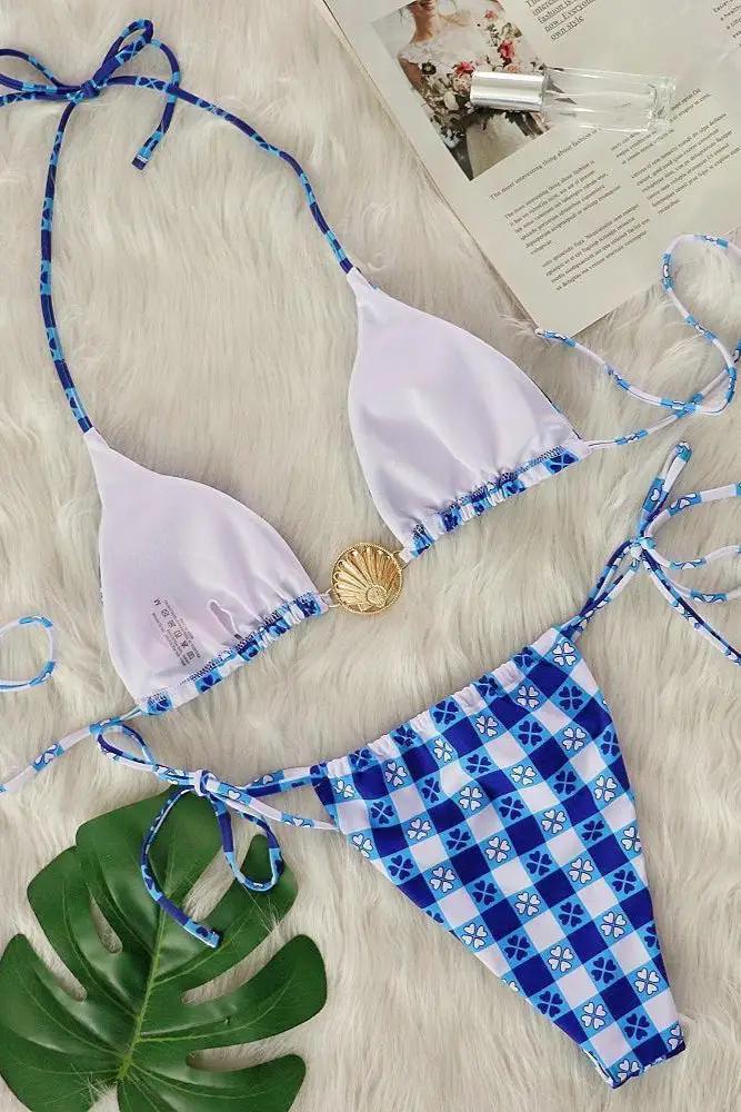 Blue White Gingham Plaid Gold Sea Shell Sexy Cheeky 2Pc Swimsuit Set