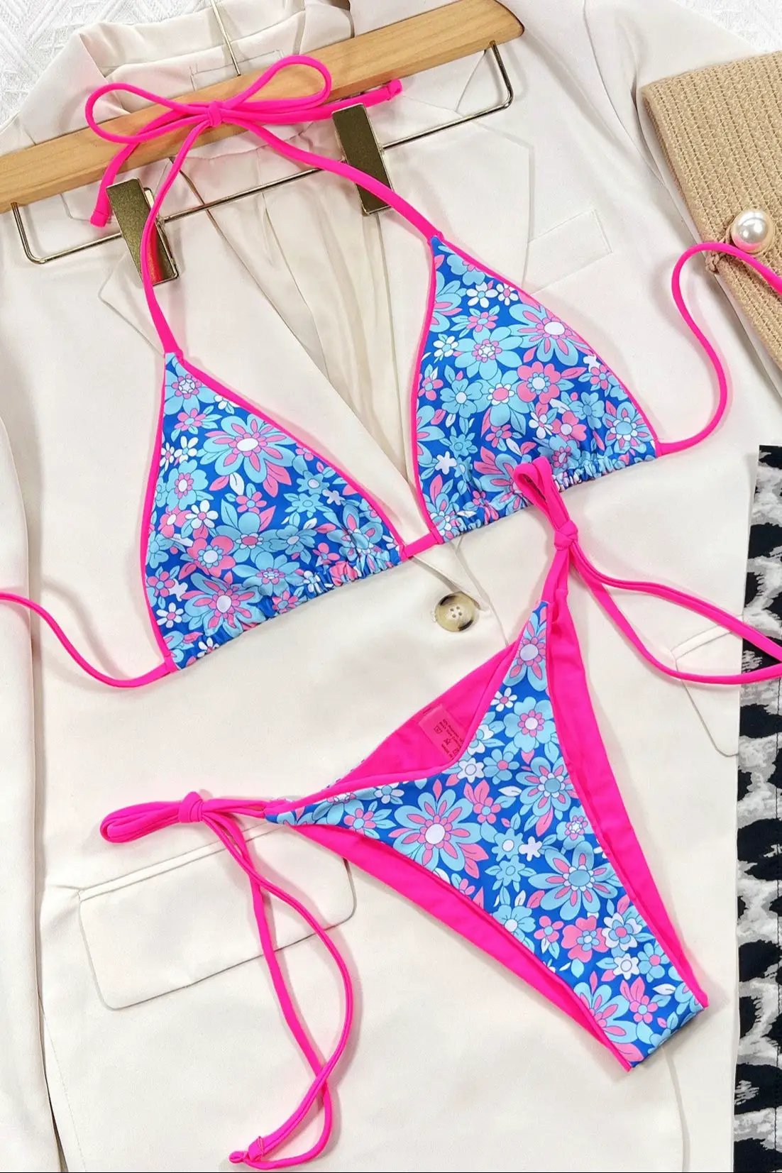 Blue Floral Print Neon Pink Trim Sexy 2pc Cheeky Bikini Swimsuit Set