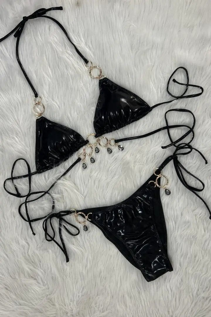 Black Metallic Strappy Dangling Rhinestone Ruched Back Sexy 2Pc Swimsuit Bikini