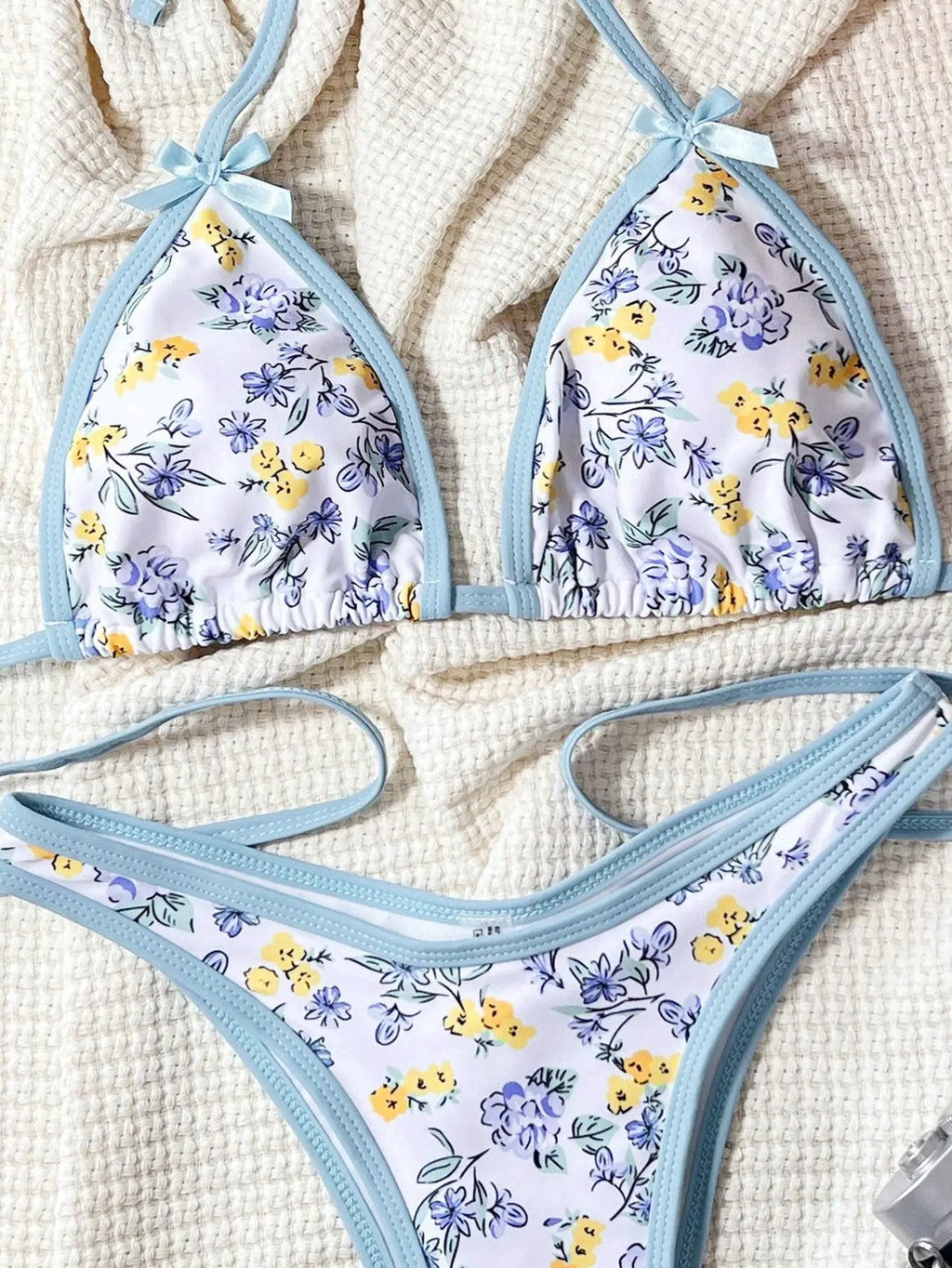 Blue Spring Bloom Print Bows Sexy 2Pc Cheeky Swimsuit Set Bikini